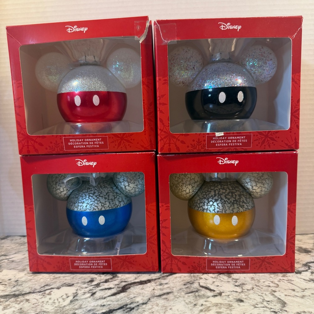 Disney Mickey Mouse Icon Glass Holiday Ornaments Set of 4 Red Blue Gold Black